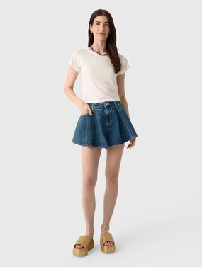 Medium Blue Cotton Denim Pleated Skirt Short Skort Size L